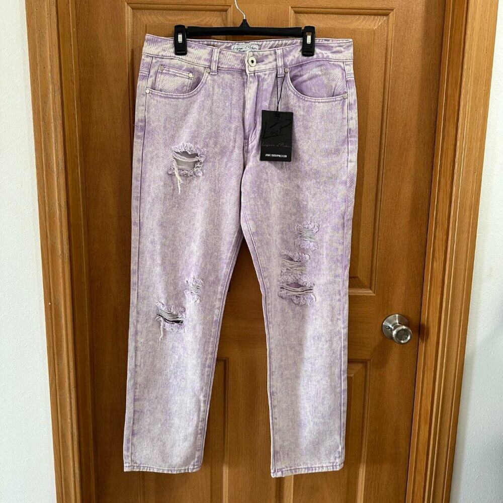 NWT Liquor n Poker Co-Ord Purple Acid Wash Distressed Denim Straight Leg Size 34